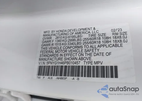 2023 Honda Pilot Awd Ex-L 8 Passenger z USA, uszkodzony, nr VIN 5FNYG1H46PB010457